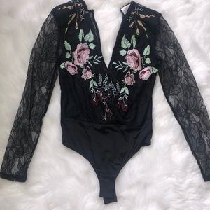 The Room- Black Lace Floral Bodysuit